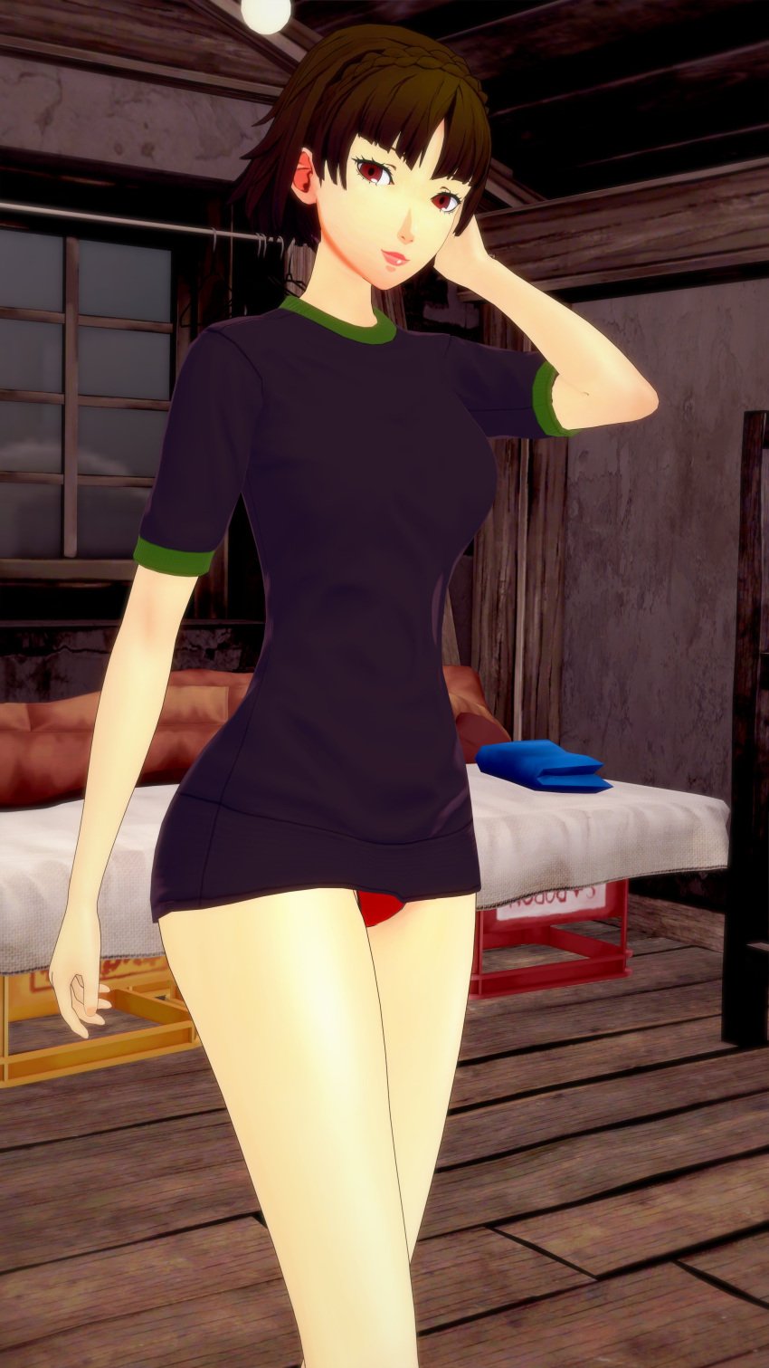 1girls 3d accurate_art_style bare_legs bare_thighs black_shirt brown_hair evaan looking_at_viewer makoto_niijima medium_hair no_pants official_style pale-skinned_female pale_skin panties pantless pantsless persona persona_5 red_eyes shepirotcloud shirt skinny slim slim_waist small_breasts standing t-shirt tagme teenager tight_clothing tight_fit wide_hips