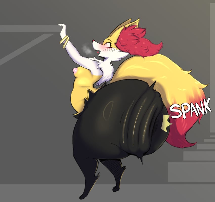 2025 absurd_res anthro ass big_butt blush braixen breasts butt_slap duo female fluffy fluffy_tail generation_6_pokemon hi_res huge_butt hyper hyper_butt male male/female multicolored_body nintendo nude offscreen_character onomatopoeia pokemon pokemon_(species) ruminoul simple_background slap small_breasts sound_effects spanking surprised_expression tail text thick_thighs