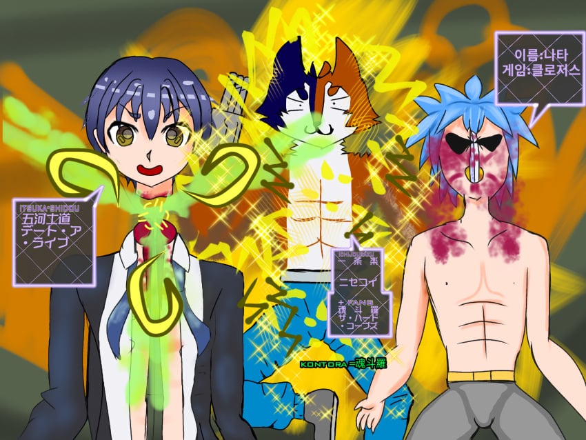 3boys andymoe blood blue_hair bomb brad_fang breasts closers contra_hard_corps cutting date_a_live death decapitation electric_shock_(nikke) electricity electrocution english_text explosive furry furry_male gun guro highres husky ichijou_raku itsuka_shidou korean_text machine_gun multiple_boys nata_(closers) nisekoi pants purple_eyes reverse_ryona ryona school_uniform skewer sword war weapon yaoi