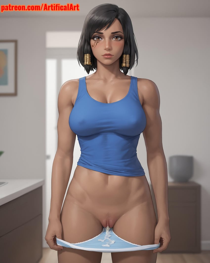 1girls ai_generated artifical_art athletic_female black_hair brown_skin clitoris cum cum_in_panties cum_on_panties curvy_female curvy_figure dark-skinned_female egyptian egyptian_female eye_tattoo eyeliner facial_markings hair_ornament mascara orange_eyes overwatch overwatch_2 panties panties_down pharah pussy semen_on_pussy