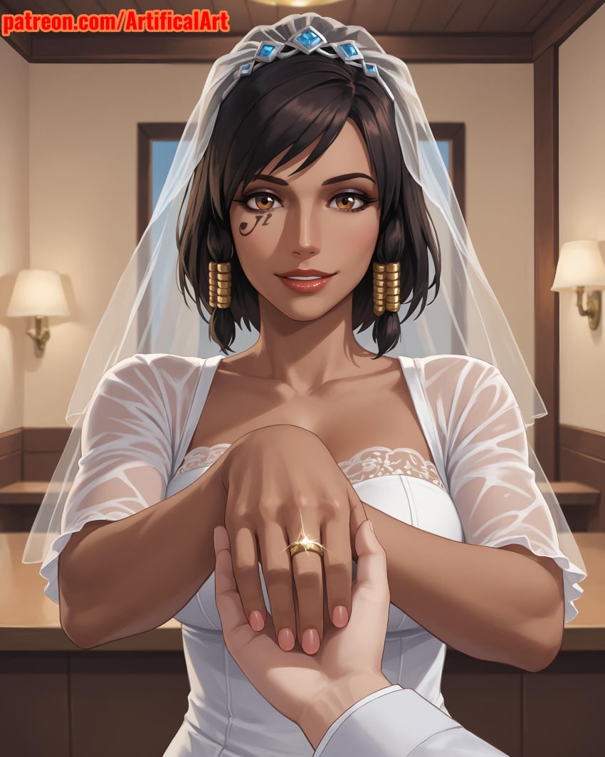 1girl ai_generated artifical_art athletic_female black_hair bride brown_skin curvy_female curvy_figure dark-skinned_female egyptian egyptian_female eye_tattoo eyeliner facial_markings hair_ornament mascara orange_eyes overwatch overwatch_2 pharah