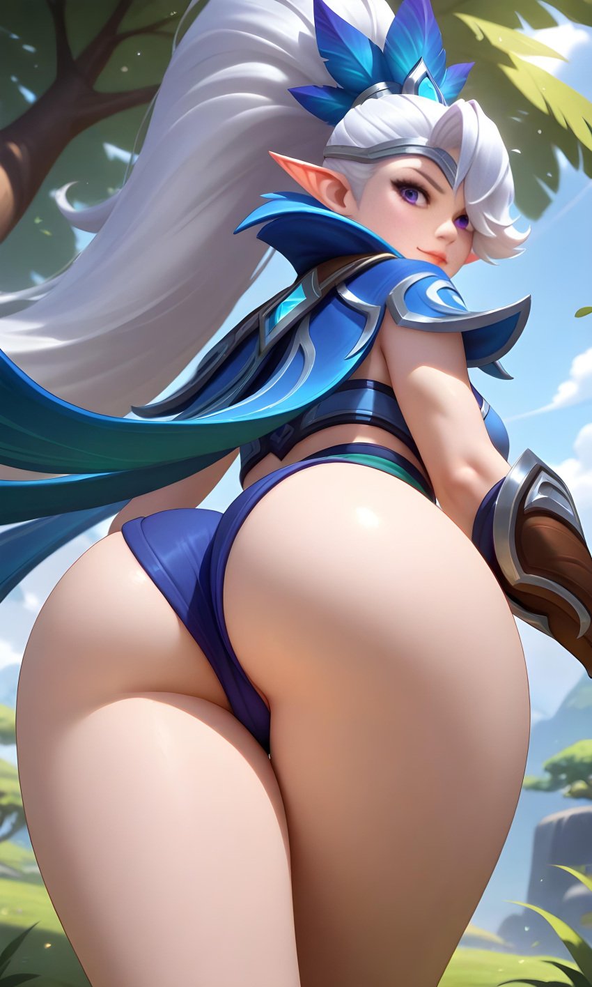 ai_generated ass_focus bikini elf miya miya_(mobile_legends) mobile_legends pixai ponytail purple_eyes white_hair