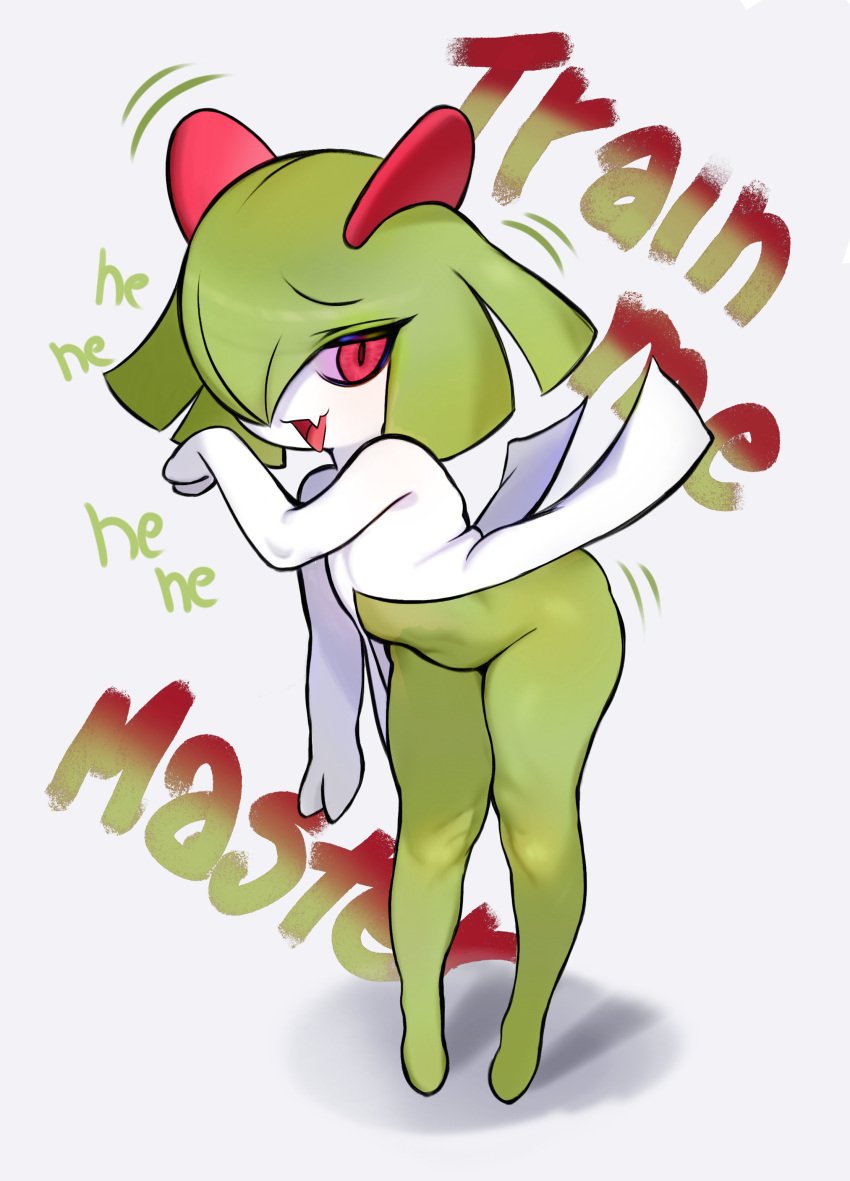 1girl anthro anthrofied ass big_ass big_thighs female furry furry_female furry_only green_body green_hair green_skin kirlia lovelymobcorp multicolored_body multicolored_skin pokemon pokemon_(species) red_eyes shortstack white_body white_skin wide_hips yandere