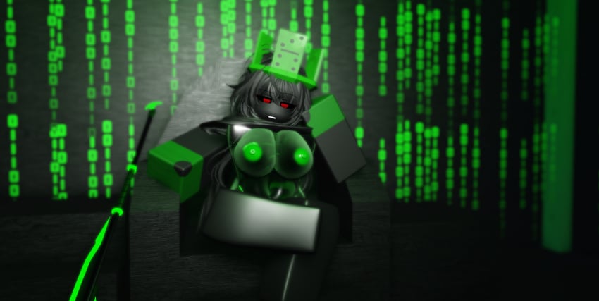 1girl 1x1x1x1 3d areolae binary_code breasts domino_crown gloves hand_on_head l1l1th_(nyxwastaken) nipples nude_female nyxwastaken original original_character posing roblox robloxian self-upload sitting tagme thighs throne transparent_body