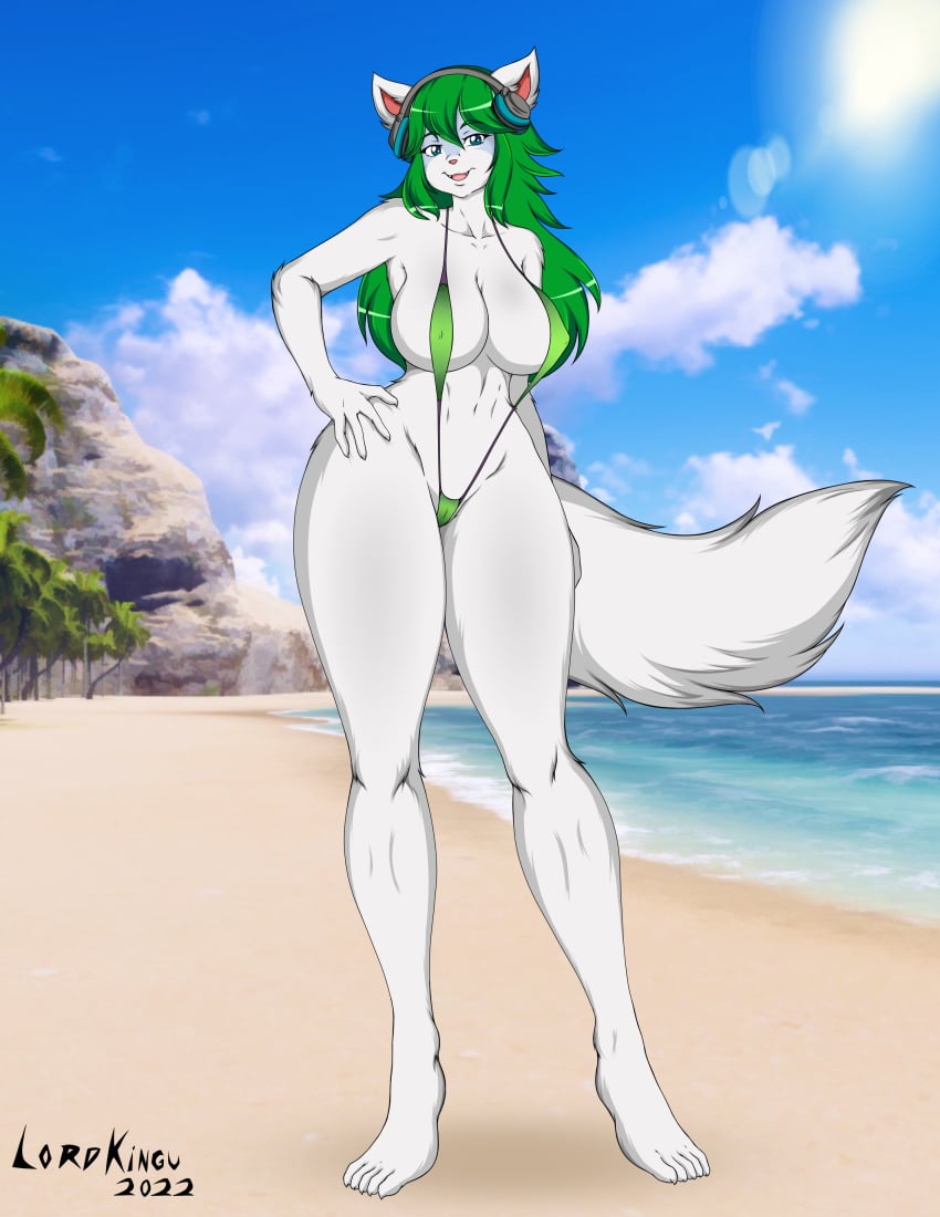 beach fox furry furry_female green_hair hi-rez_studios io_(paladins) kinguart large_breasts paladins_(game) salt_(paladins) sling_bikini slingshot_swimsuit