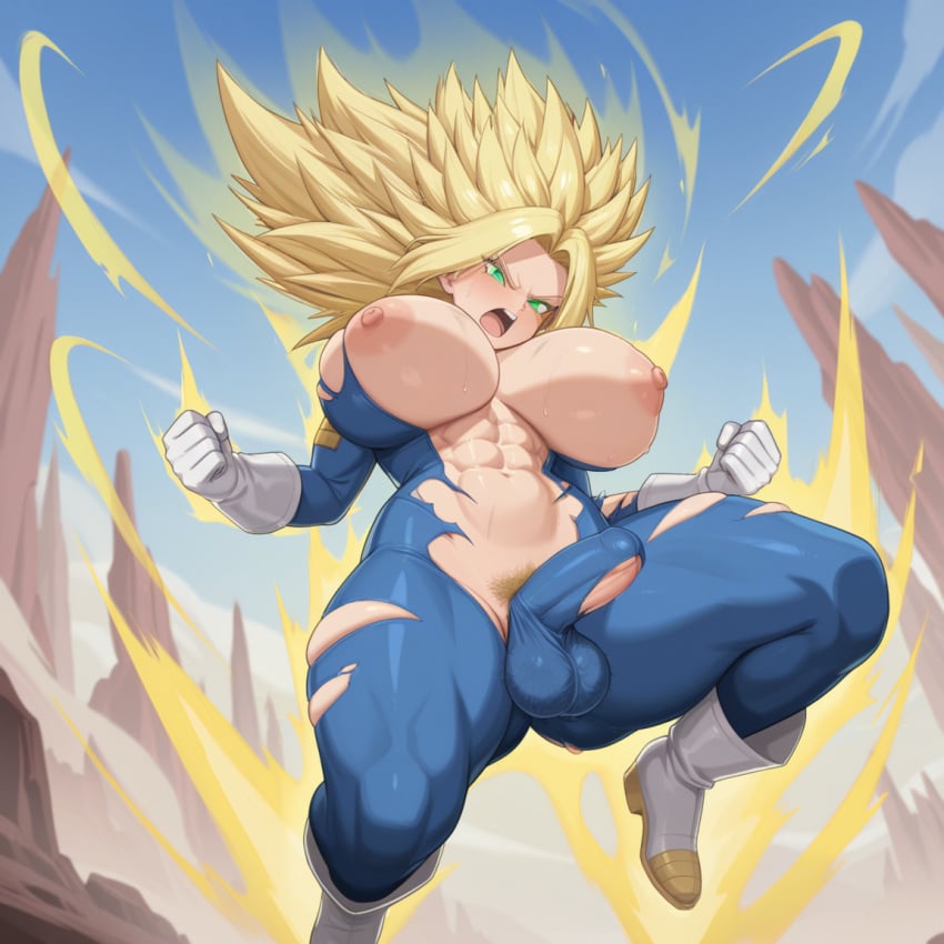 1girls ai_generated blonde_hair blue_tights, buff c.c.leah enigma_of_sepia genderbent huge_breasts huge_thighs mobile_game muscular_female super_saiyan super_saiyan_3 vespera vespera_(enigma_of_sepia)