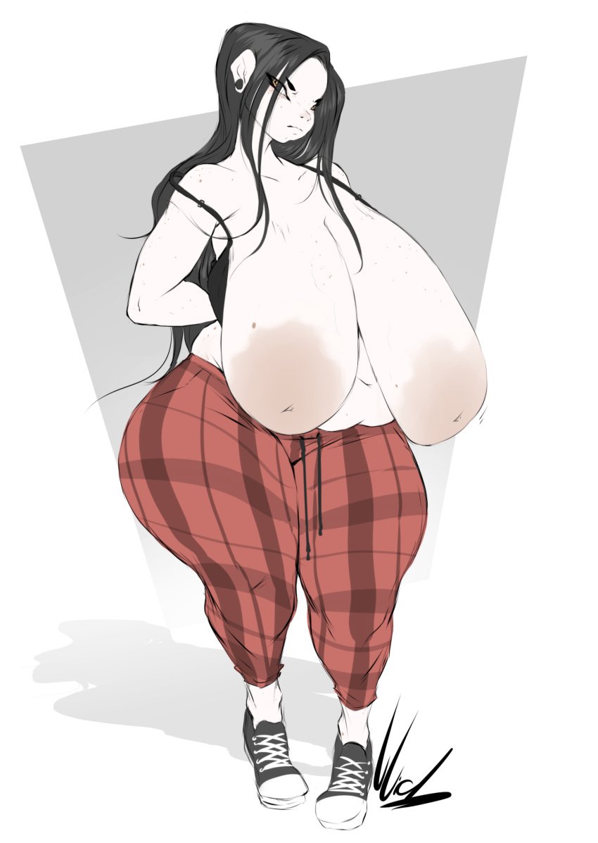 1girl bbw big_areolae black_hair bra breasts dressing dullvivid female huge_areolae huge_breasts long_hair original_character pants sagging_breasts shoes sweatpants