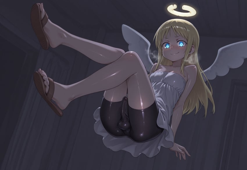 1futa ai_generated angel_wings bike_shorts blonde_hair blue_eyes broken_halo crimvael dark_room erection_under_clothes floating futanari glowing_eyes halo ishuzoku_reviewers jouthechou more_at_source penis sandals small_breasts smile testicles visible_breath