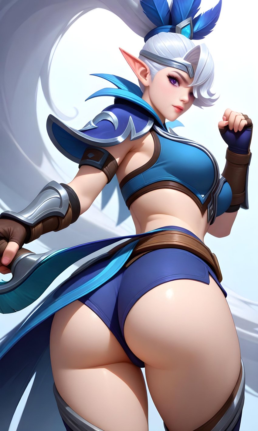 ai_generated ass_focus elf miya miya_(mobile_legends) mobile_legends pixai ponytail purple_eyes shorts white_hair