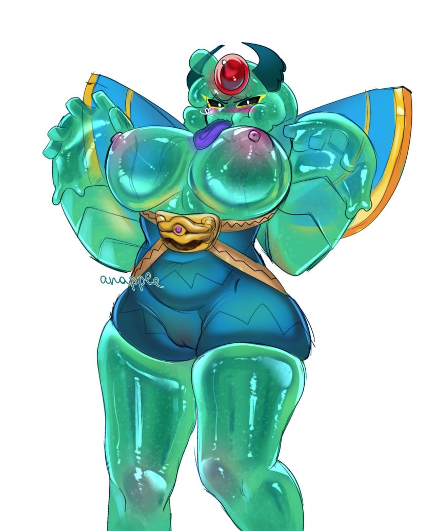 1girl 2d 2d_(artwork) anapple artist_name big_breasts blush blushing brawl_stars breasts breasts_out eyebrows eyelashes female female_focus female_only green_body green_eyes green_eyes_female green_skin high_quality high_resolution highres horns huge_breasts nipples no_bra pink_nipples png purple_tongue rule_63 solo solo_female solo_focus squeak_(brawl_stars) supercell thick_thighs thighs tongue tongue_out topless topless_female yellow_eyelashes