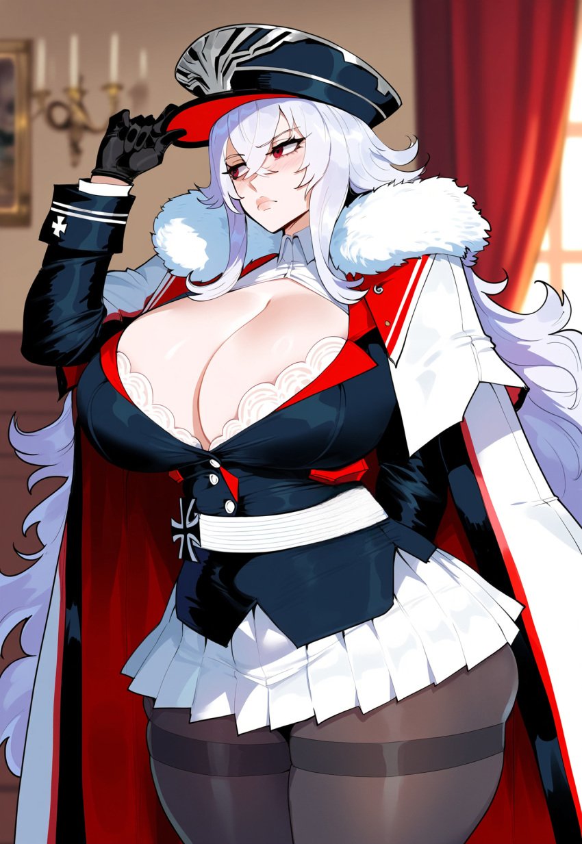 1girls ai_generated azur_lane big_breasts female female_focus graf_zeppelin_(azur_lane) hat hips huge_breasts large_breasts light-skinned_female mature_female milf red_eyes thick_thighs thighs white_hair