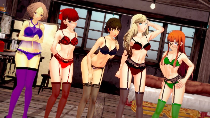 3d 5girls accurate_art_style ann_takamaki aroused aroused_face aroused_smile belly_button bending_over bent_over big_breasts blonde_hair blue_eyes blush bra brown_eyes brown_hair child_bearing_hips embarrassed embarrassed_female evaan fluffy_hair glasses hair_ribbon harem haru_okumura kasumi_yoshizawa leaning_forward lingerie lingerie_only long_hair makoto_justice makoto_niijima medium_breasts official_style orange_hair panties persona persona_5 petite petite_body petite_female posing posing_for_picture posing_for_the_viewer red_eyes red_hair sakura_futaba shepirotcloud skinny slim slim_waist small_breasts smaller_female standing stockings sumire_yoshizawa tagme taller_girl teenage_girl teenager thick_thighs thighhighs tied_hair wide_hips