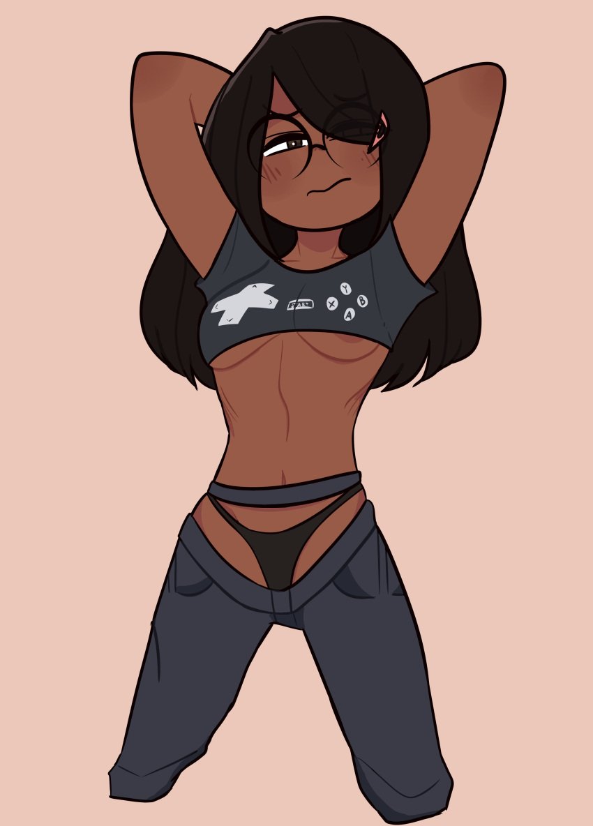 1girls 2023 areola_slip areolae arms_up belly_button black_hair black_panties black_shirt blue_pants blush breasts brown_eyes brown_skin clothed clothed_female clothing crop_top cropped_shirt dark-skinned_female dark_skin female female_only glasses half-closed_eye hands_behind_head long_hair looking_at_viewer midriff one_eye_closed panties pants penismaster48 plain_background round_glasses shirt short_sleeves simple_background small_breasts solid_color_background solo standing stomach