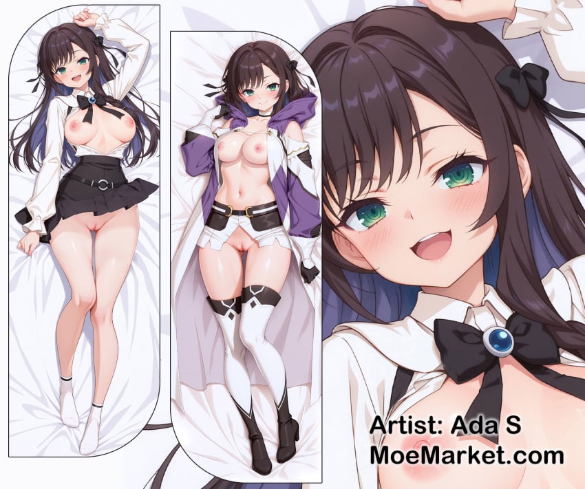 1girls ada_s black_skirt brown_hair dakimakura green_eyes guild_no_uketsukejou_desu_ga_zangyou_wa_iya_nanode_boss_wo_solo_toubatsu_shiyou_to_omoimasu long long_hair moemarket solo white_shirt