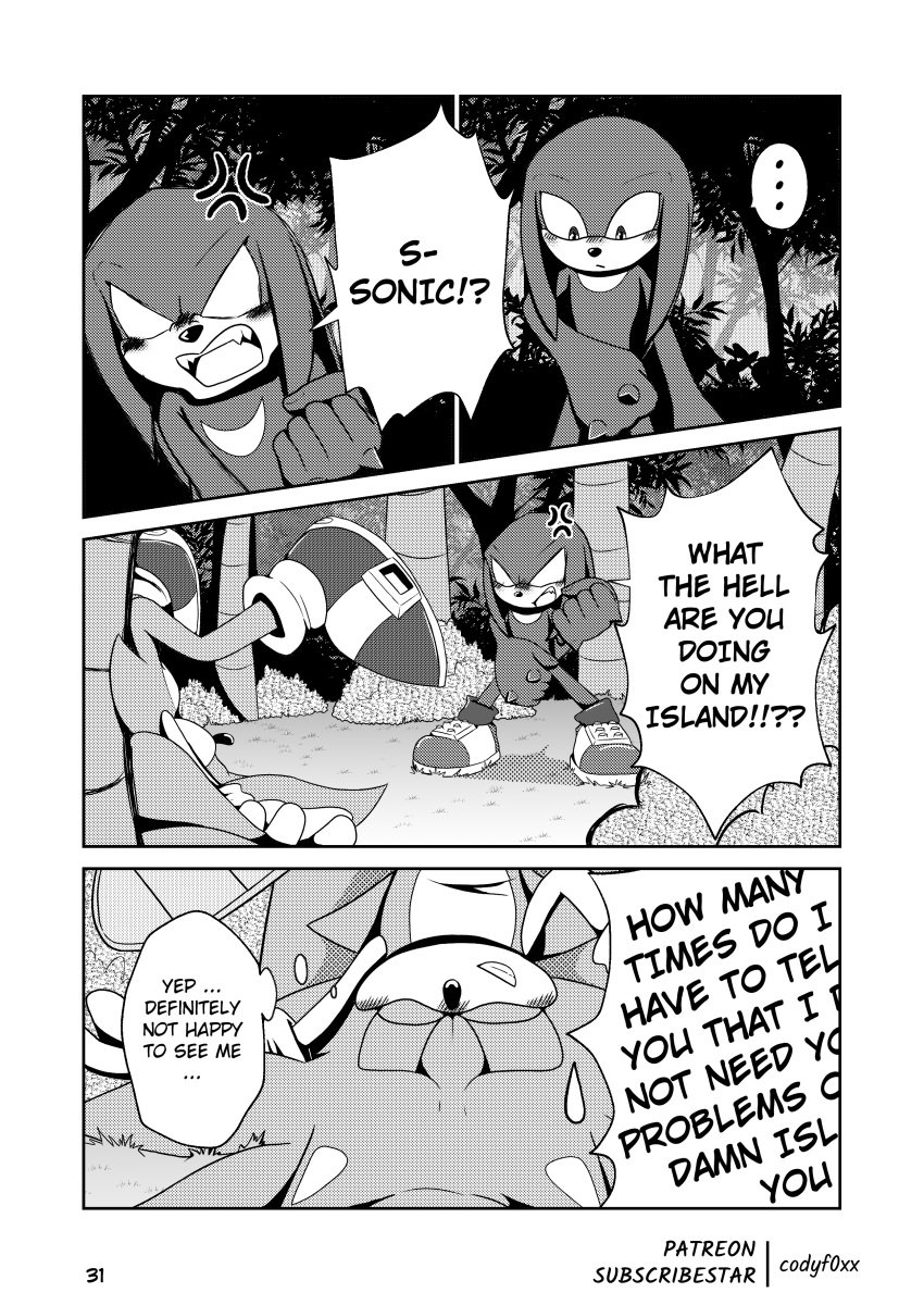 absurd_res angel_island blush blush_lines clothed clothing codyf0xx comic echidna english_text eulipotyphlan footwear forest gloves greyscale handwear hedgehog hi_res knuckles_the_echidna male mammal manga_style monochrome monotreme partially_clothed plant sega shoes sonic_(series) sonic_the_hedgehog sonic_the_hedgehog_(series) speech_bubble text tree