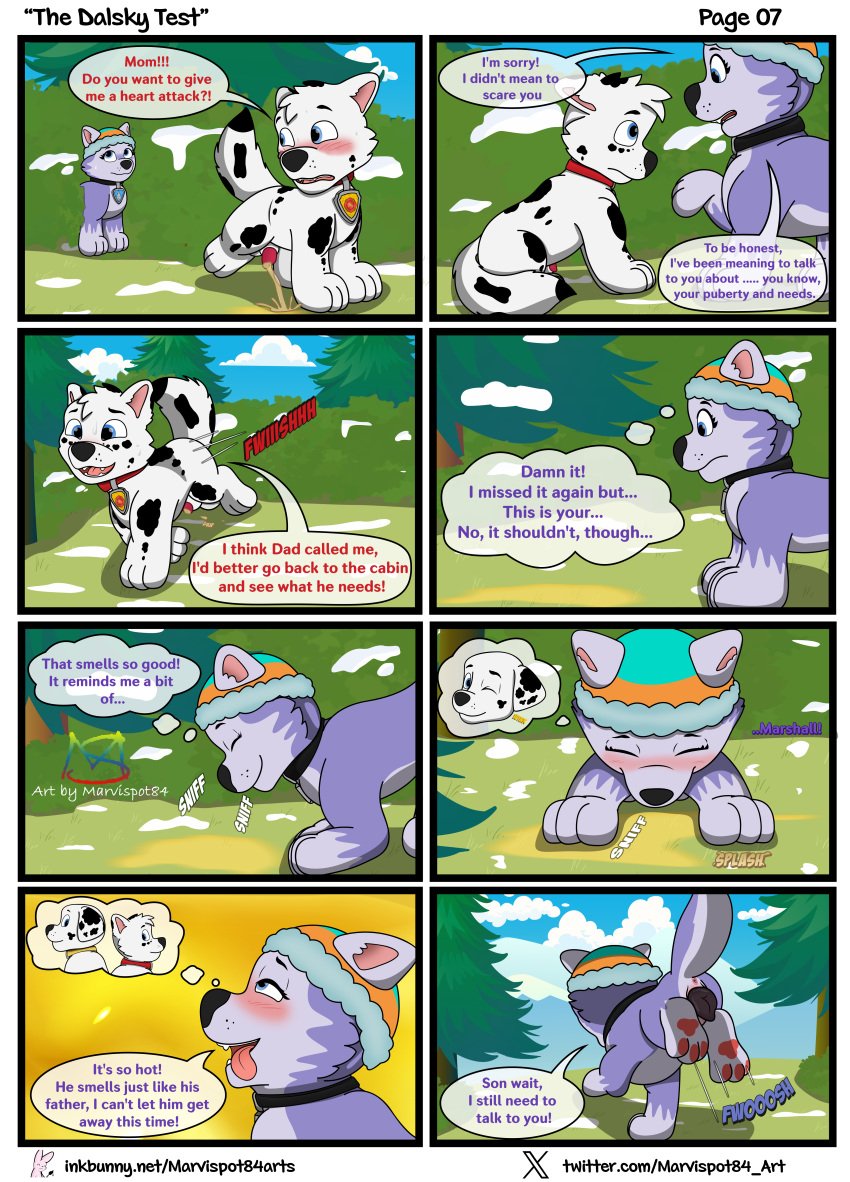 absurd_res animal_genitalia animal_penis animal_pussy anus ass awkward_moment balls blue_eyes blush blush_lines bodily_fluids canid canine canine_genitalia canine_penis canine_pussy canis cel_shading collar comic dalmatian dalsky_(dalmatian_and_husky) dialogue domestic_dog duo english_text everest_(paw_patrol) evergreen_tree fan_character female feral fluffy fluffy_ears fluffy_fur fluffy_tail forest fur genital_fluids genitals hi_res husky imagination incestuous_temptation_(lore) looking_away looking_pleasured male male/female mammal marking_territory markings marshall_(paw_patrol) marvispot84 mother_(lore) mother_and_child_(lore) mother_and_son_(lore) nervous nickelodeon noise nordic_sled_dog parent_(lore) parent_and_child_(lore) parent_and_son_(lore) paw_patrol paws peeing penis pent_up pine_tree plant purple_body purple_fur pussy rear_view shaded shrub smell sniffing son_(lore) speech_bubble spitz spots spots_(oc_marvispot84) spotted_body spotted_fur sweat tail text tree urine url watersports white_body white_fur