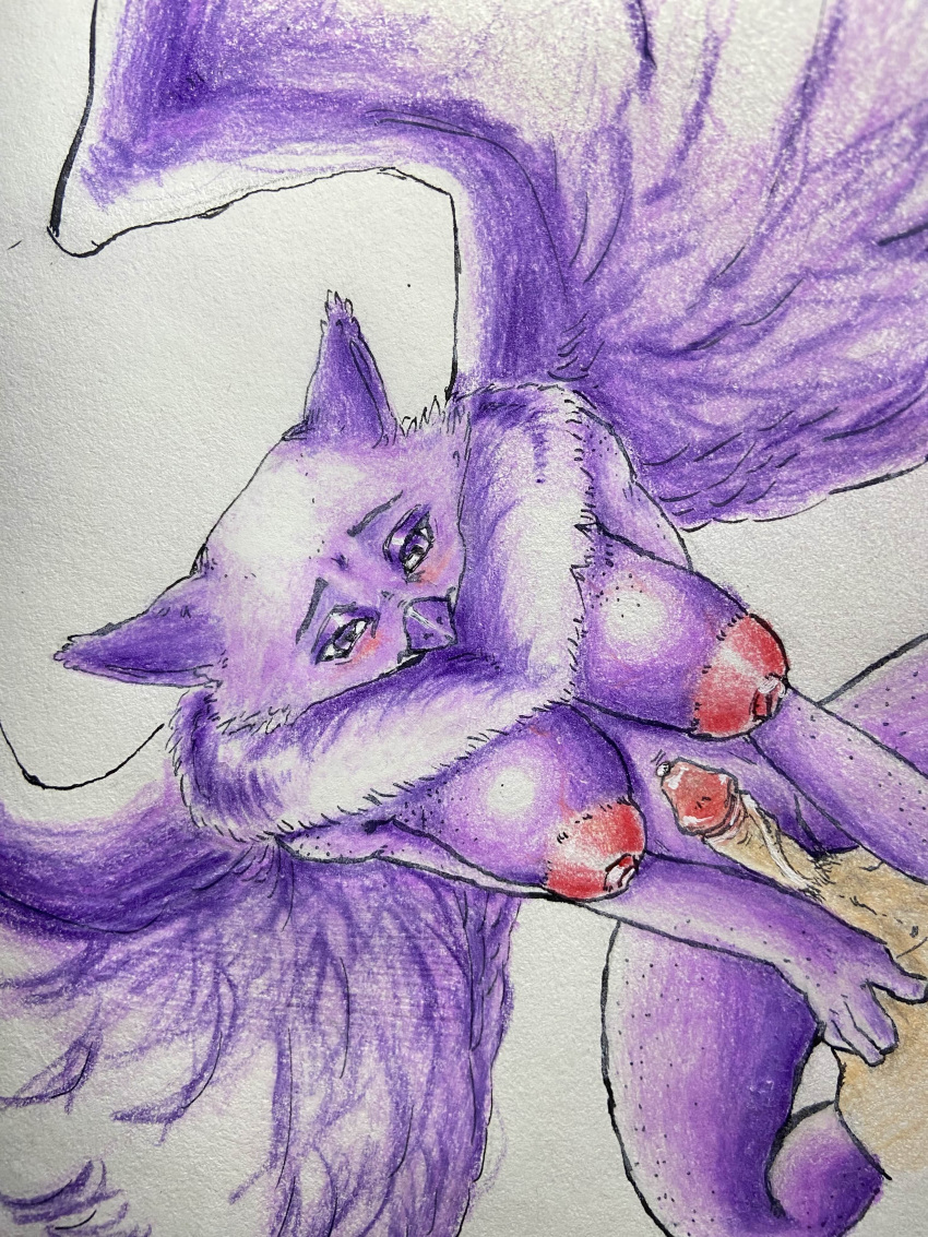 3:4 absurd_res anthro areola avian beak big_breasts bird blush bodily_fluids breasts cowgirl_position duo erection feathered_wings feathers female from_front_position genital_fluids genitals hi_res human humanoid_genitalia humanoid_penis imminent_sex interspecies male male/female male_on_bottom mammal nipples nude on_bottom on_top owl penis ppmp precum purple_body purple_eyes sex shy simple_background thick_thighs traditional_media_(artwork) vein veiny_breasts wings