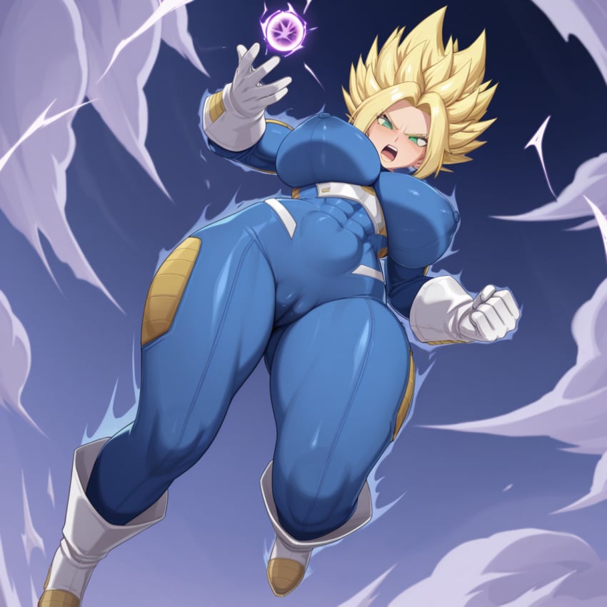 1girl ai_generated blonde_hair blue_tights, buff c.c.leah enigma_of_sepia genderbent huge_breasts huge_thighs mobile_game muscular_female super_saiyan vespera vespera_(enigma_of_sepia)