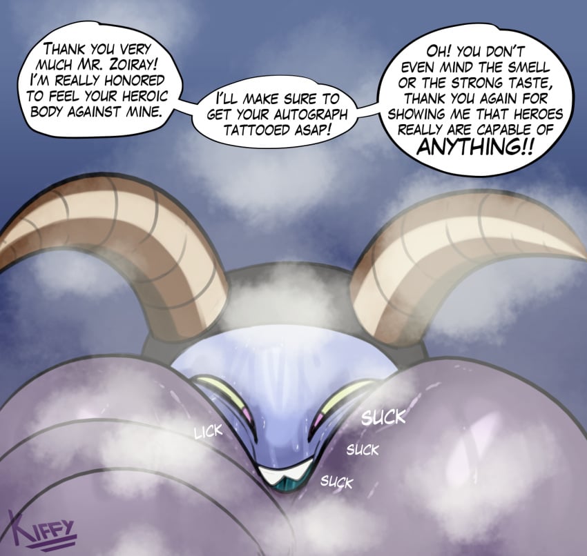 anal anthro anus ass big_butt blue_body bodily_fluids colored demon dialogue dragon_ball dragon_ball_super english_text fan_character green_sclera hi_res horn huge_asssmile imp jakob_(kiffy) kiffy_(artist) looking_at_anus male male/male musk musky_butt oblivious oral purple_body purple_eyes rimming rimming_male sex shortstack simple_background solo speech_bubble sweat sweaty_butt sweaty_face teeth text tongue zoiray