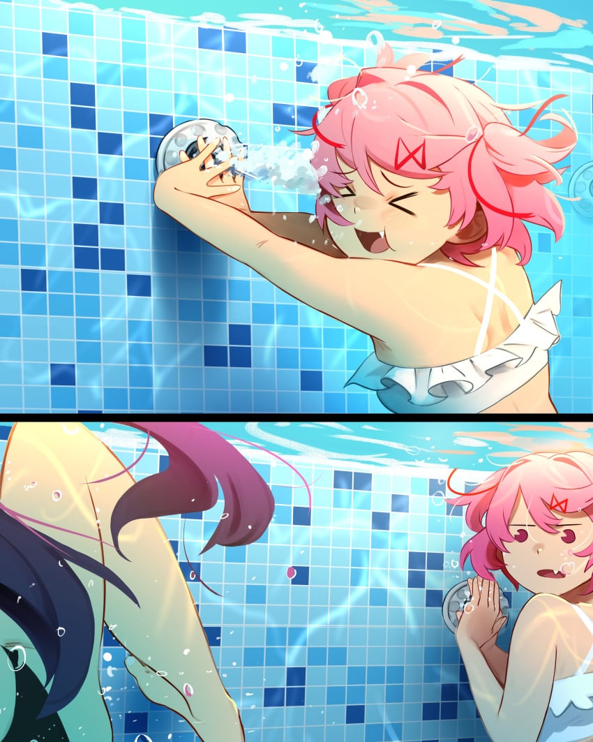 2025 2_panel_comic 2girls comedic comedy comic confused confused_look confusion doki_doki_literature_club female funny imminent_oral imminent_sex khyleri long_hair meme natsuki_(doki_doki_literature_club) pink_hair pool purple_hair short_hair smaller_female smile spread_legs swimsuit swimwear taller_girl thighs twitter_link underwater water_jacking water_jet yuri_(doki_doki_literature_club)