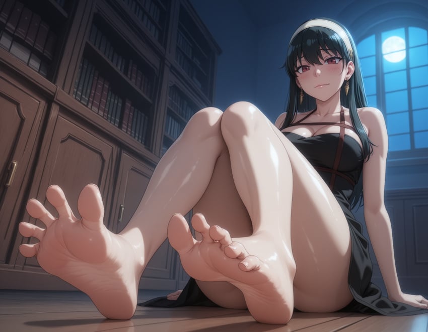 ai_generated barefoot big_breasts black_hair feet_focus feet_up female female_focus fit_female foot_fetish foot_focus kikia1 long_hair medium_breasts presenting_feet red_eyes skinny soles spy_x_family tagme toes yor_forger