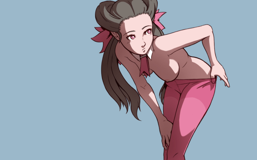 00s 1girls breasts brown_hair dave_cheung female gym_leader hairbow human human_only light-skinned_female light_skin long_hair necktie nintendo pantyhose pantyhose_pull pink_eyes pink_legwear pokemon pokemon_rse roxanne_(pokemon) tied_hair twintails undressing