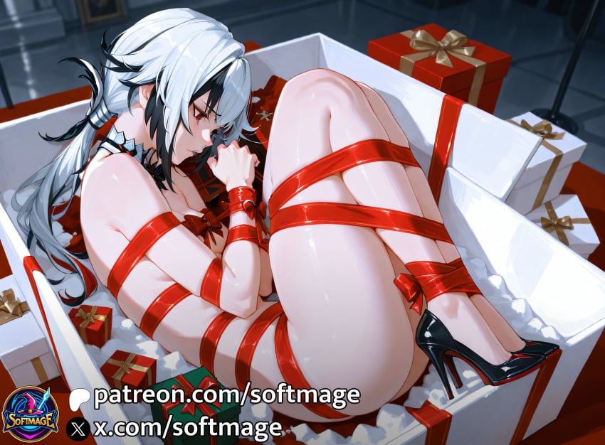 ai_generated anime anime_girl arlecchino_(genshin_impact) female genshin_impact gift_box hot_sex orgy orgy_sex presenting red_eyes sex softmage strap-on strapped_down white_hair wrapped wrapped_up