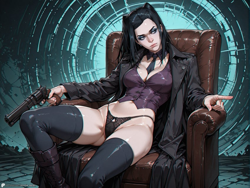 2d abstract_background ai_assisted ai_generated art black_coat blue_eyes blue_eyeshadow bonnie_darko boots bored bored_expression cameltoe cleavage coat ergo_proxy female gun hair_buns looking_away makeup medium_breasts neutral_expression pale_skin panties pistol pointing re-l_mayer self_upload sitting thighhighs tie vest