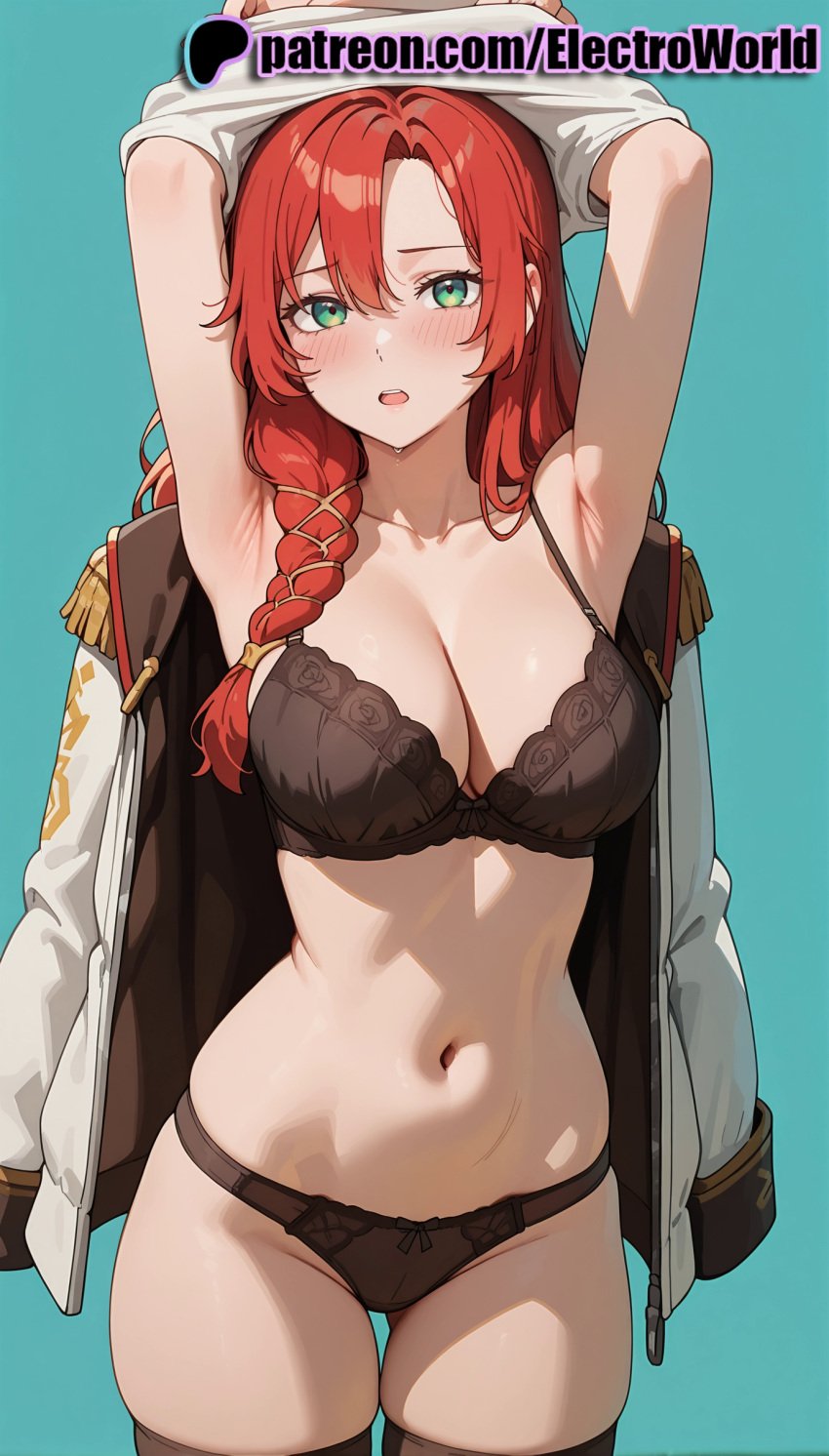 1girl 2025 ai ai_assisted ai_generated anime anime_girl anime_style aqua_background artist_name bangs big_breasts big_chest black_bra black_panties blue_background blush bra breast breasts bust busty chest cleavage electroworld female green_eyes hera_(war_of_the_rohirrim) hera_hammerhand hi_res high_quality high_resolution highres jacket large_breasts long_hair looking_at_viewer lord_of_the_rings navel open_mouth panties patreon patreon_username red_hair skindentation solo stable_diffusion thick_thighs thighhighs thighs underwear undressing war_of_the_rohirrim watermark