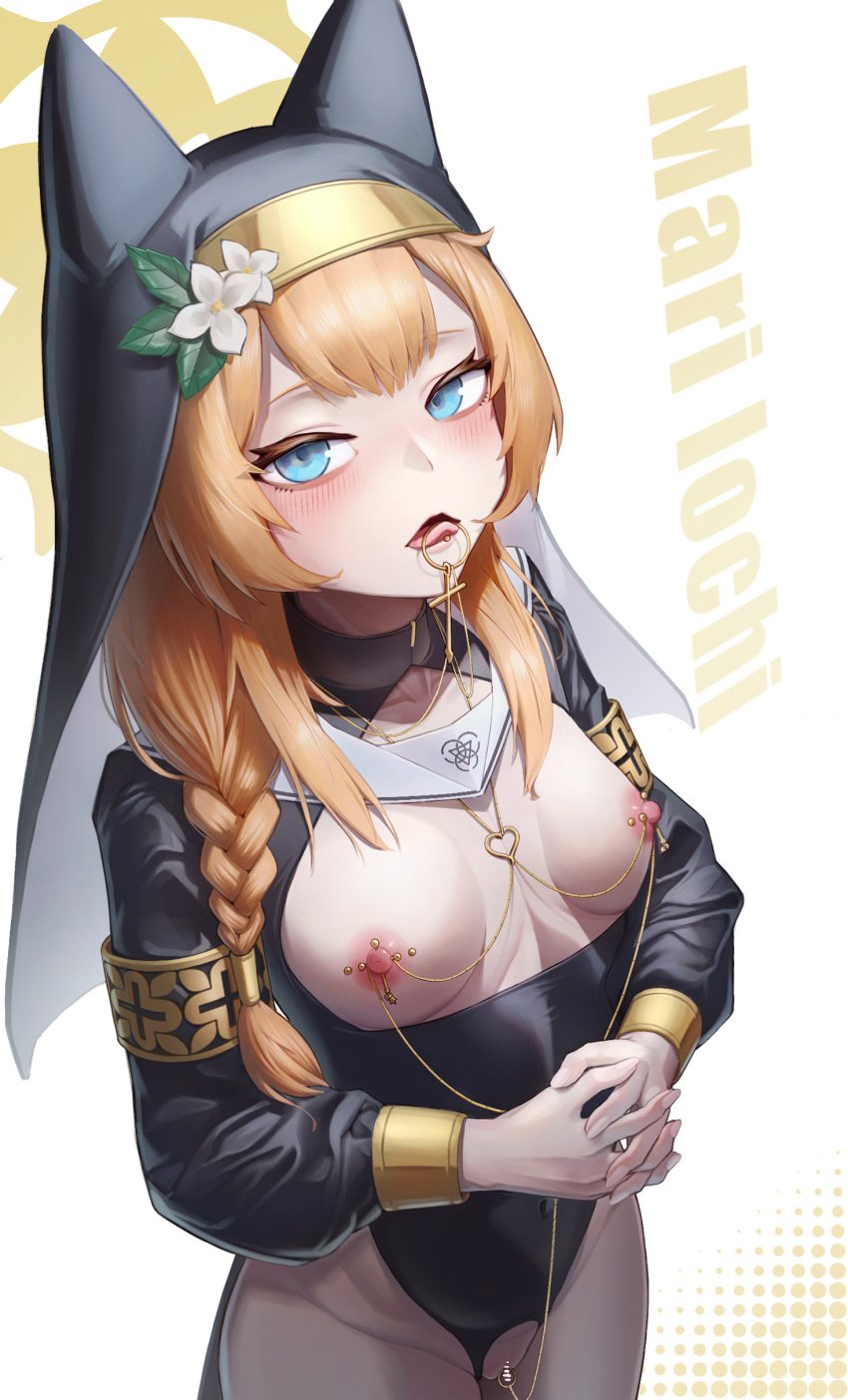 1girl animal_ears artist_request blue_archive female functionally_nude_female mari_(blue_archive) nipple_piercing nun_outfit piercings tongue_piercing