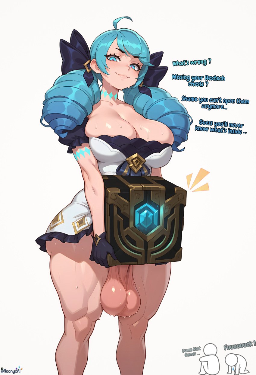 1futa ahoge ai_generated artist at background big_breasts black blue blush bow breasts cleavage closed collarbone dress drill drills english eyes feet female frame futanari gloves green grey gwen_(league_of_legends) hair hanging_balls hextech_chest holding huge huge_testicles huge_thighs large league_of_legends long looking mouth muscular_thighs name of out penis penis_in_box puffy riot_games shiny short simple skin sleeves smile smug solo stable_diffusion standing sweat testicles text thick thighs twin twintails uncensored viewer white