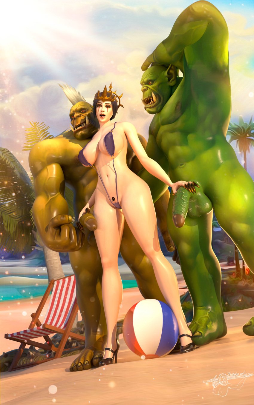 1girl 2boys 3d beach bellakvo big_breasts big_penis black_hair blizzard_entertainment breasts day eleonn_von_krast female green_skin handjob high_heels hips huge_breasts human human_(warcraft) human_(world_of_warcraft) human_female interspecies light-skinned_female light_skin male male/female nude orc orc_(warcraft) orc_male orced original_character outdoors paw_tattoo penis pubic_tattoo pussy tattoo thick_thighs thighs v-string voluptuous voluptuous_female warcraft wide_hips world_of_warcraft