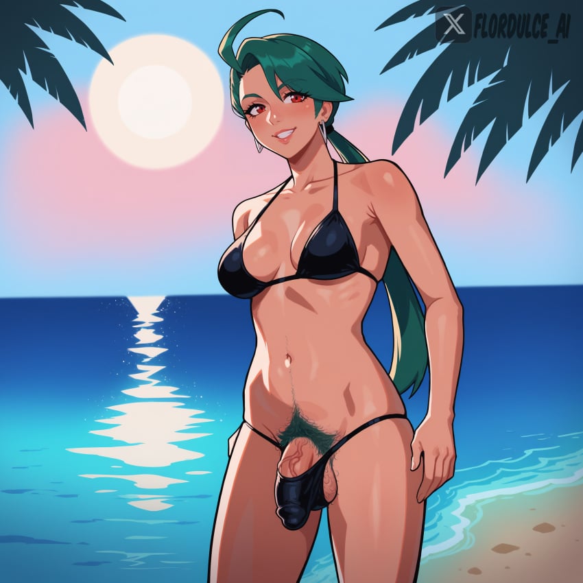 1futa ai_generated ball_hair beach bikini earrings flaccid flaccid_penis flordulce futa_only futanari green_hair hairy_balls hairy_testicles long_hair outdoors penis pokemon pokemon_sv pubic_hair pubic_hair_peek red_eyes rika_(pokemon) smile solo_futa standing testicles