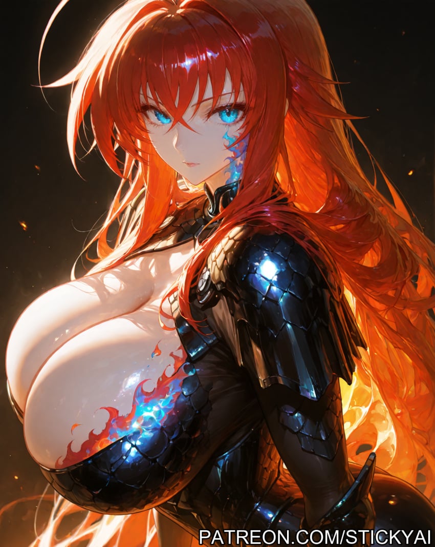 1girl ai_generated anime blue_eyes breasts fit flame high_school_dxd nsfw red_hair rias_gremory stickyai