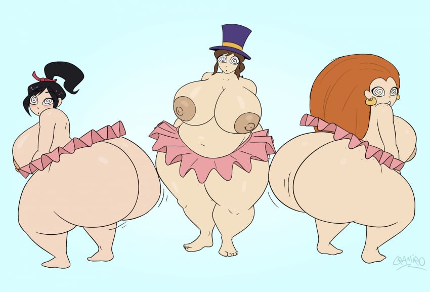 3girls a_hat_in_time aged_up ass ass_bigger_than_head ass_focus black_hair breasts brown_hair cramiro dumptruck_ass fat female hat hat_adult hat_kid huge_breasts hyper_ass hypnosis hypnotic_eyes large_ass large_breasts long_hair mebh_og_mactire navel nipples no_underwear orange_hair pink_nipples pink_skirt ponytail purple_hat revealing_clothes skirt thick thick_ass thick_body thick_bottom_lip thick_breasts thick_butt thick_hips thick_legs thick_thighs underass vanellope_von_schweetz voluptuous wolfwalkers wreck-it_ralph