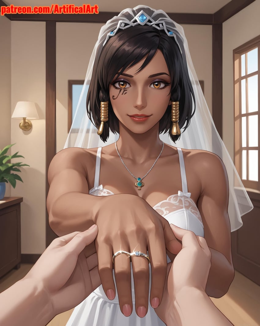 1girl ai_generated artifical_art athletic_female black_hair bride brown_skin curvy_female curvy_figure dark-skinned_female egyptian egyptian_female eye_tattoo eyeliner facial_markings hair_ornament mascara orange_eyes overwatch overwatch_2 pharah