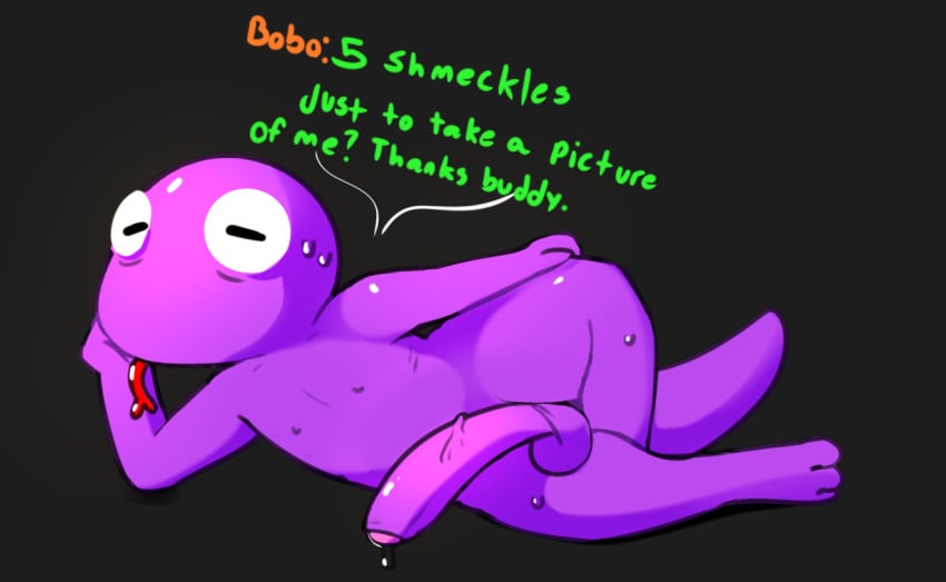 bobo_(everhood_2) everhood_2 extortion genitals lying male nude on_side penis presenting purple_body reptile scalie simple_background snake solo text tongue tongue_out