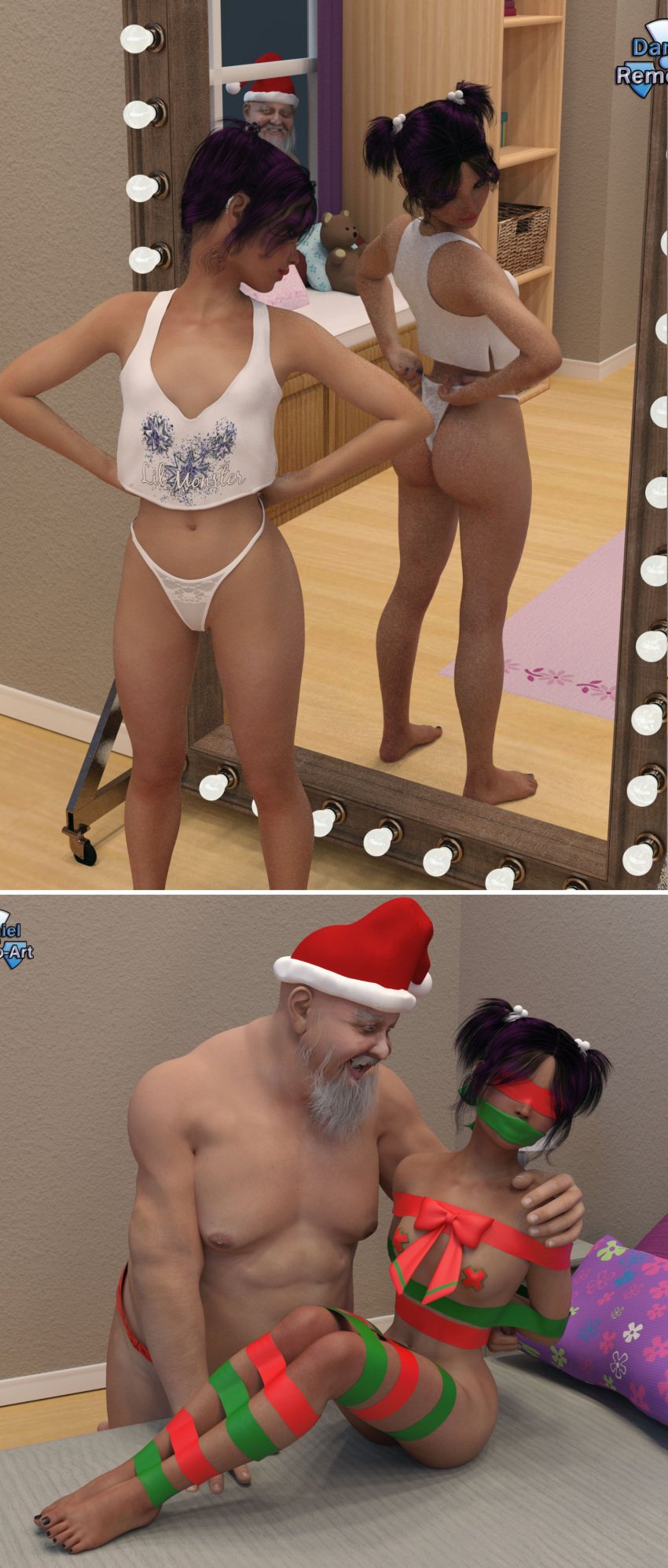 3d age_difference age_gap barefoot before_and_after bondage breasts daniel_remo_art feet kidnapped kidnapping looking_at_self mirror naked santa_claus size_difference tagme tape_bondage tiny_female toenail_polish toes yumi_(daniel_remo_art)