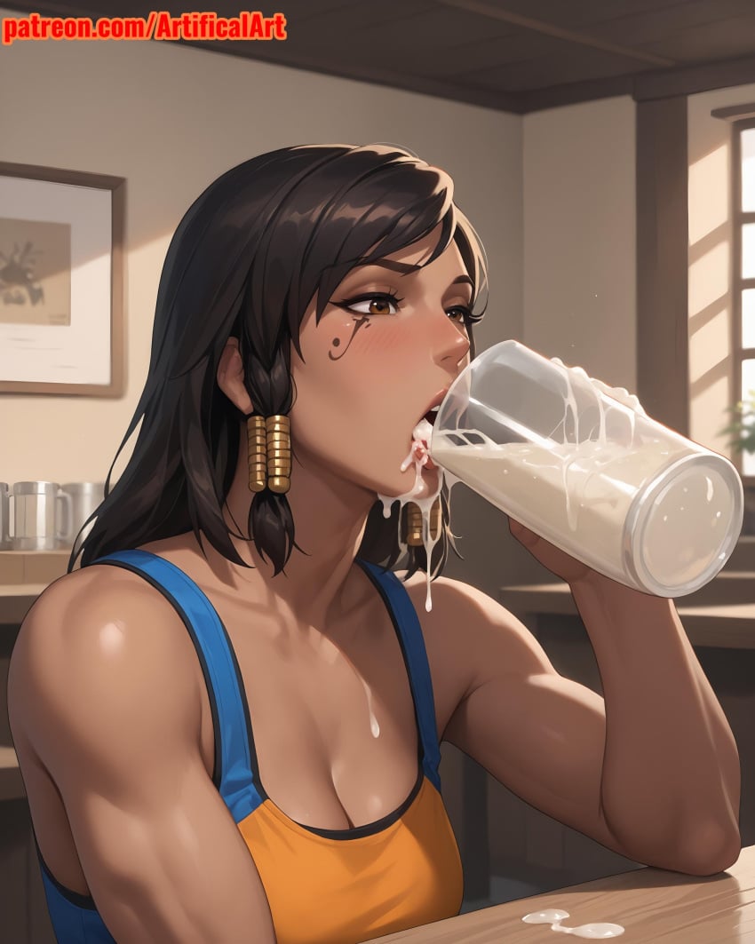 1girl ai_generated artifical_art athletic_female black_hair brown_skin cum_drinking cum_in_mouth curvy_female curvy_figure dark-skinned_female dripping_cum dripping_semen egyptian egyptian_female eye_tattoo eyeliner facial_markings hair_ornament mascara open_mouth orange_eyes overwatch overwatch_2 pharah semen_in_mouth semen_on_tongue tongue_out