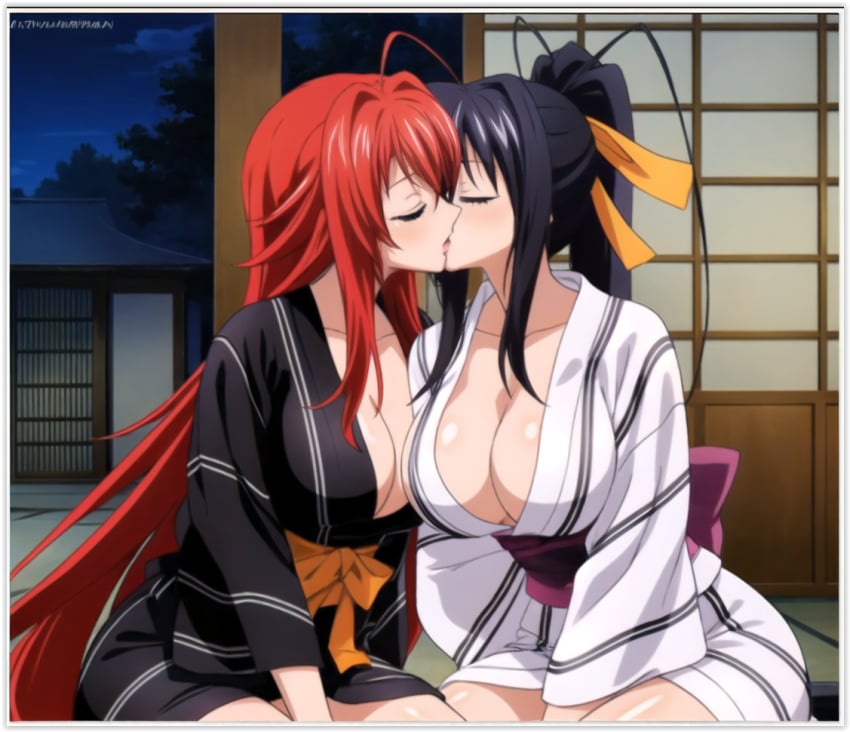 2girls ai_generated akeno_himejima flirting girl_on_girl high_school_dxd kissing lesbian_couple lesbian_kiss lovers rias_gremory yuri yuri