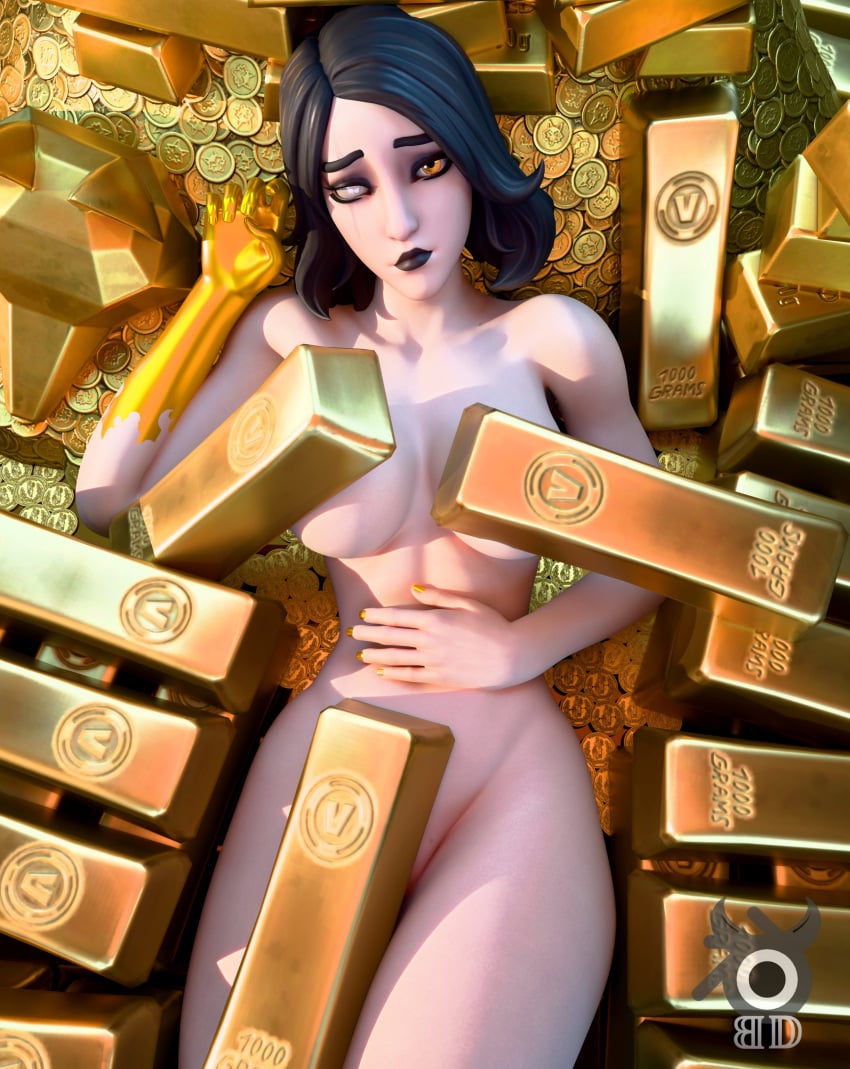 1girl 2025 3d artist_logo black_hair black_lipstick blenderdemon blind_eye breasts eye_scar female female_only fortnite gold_(metal) golden_eyes laying_down light-skinned_female light_skin looking_at_viewer marigold_(fortnite) nude nude_female scar scar_across_eye solo thighs video_games