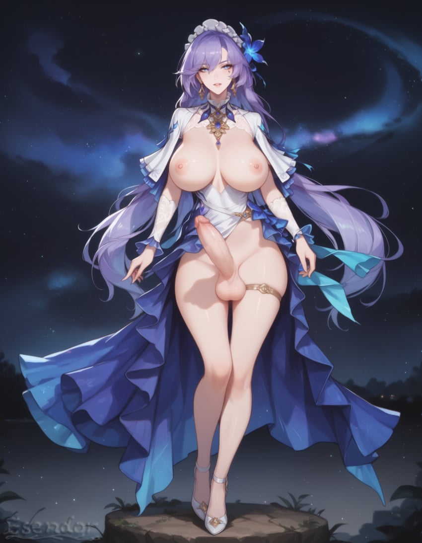 1futa ai_generated blue_eyes cantarella_(wuthering_waves) dickgirl erection esendor futanari huge_breasts large_penis long_hair looking_at_viewer solo stable_diffusion testicles violet_hair wuthering_waves