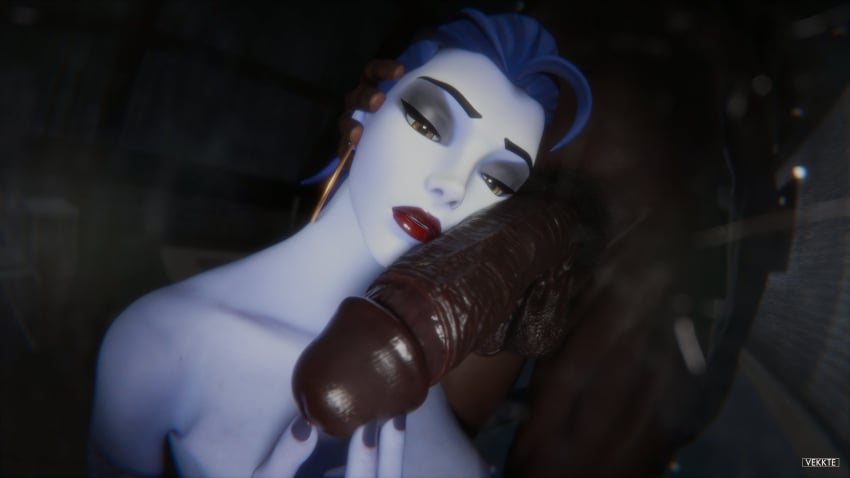 1boy 1girl 3d amelie_lacroix big_penis blizzard_entertainment blue_hair blue_skin blue_skinned_female dark-skinned_male earrings female huge_cock imminent_oral interracial male overwatch overwatch_2 penis pubic_hair red_lipstick touching_penis veiny_penis vekkte widowmaker yellow_eyes