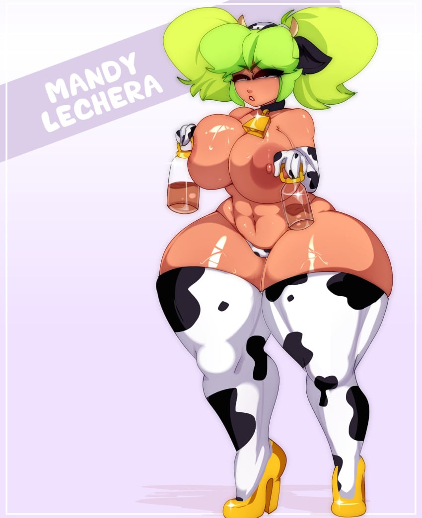 1girl ame_momos belly belly_button big_breasts brawl_stars breasts choker cow_ears cowbell female female_focus female_only high_heels mandy_(brawl_stars) solo solo_female solo_focus stockings yellow_hair