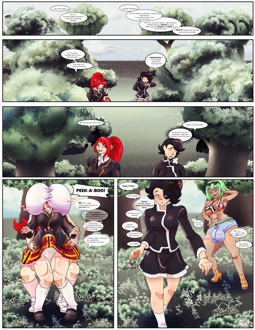 2futas 2girls black_hair cinder_fall commission commission_art commissioner_upload dinotits emerald_sustrai futanari green_hair lottaslove358 nora_valkyrie orange_hair pyrrha_nikos red_hair rwby