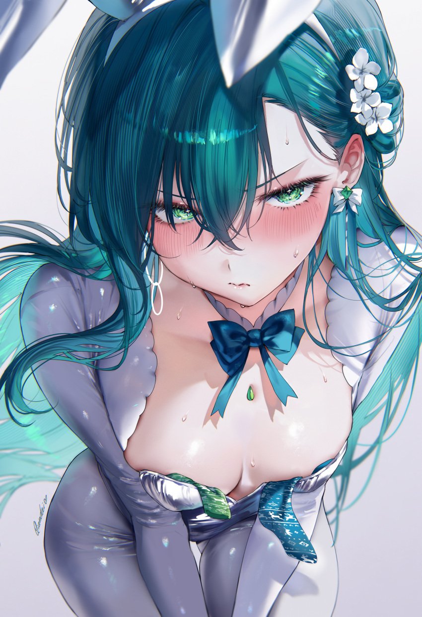 1girls 2024 ass_visible_through_thighs asymmetrical_bangs bangs blush bowtie breast_padding breasts breasts_between_arms bunny_ears bunnysuit cleavage collar cyan_hair ear_blush earrings embarrassed emerald_eyes eyelashes female female_only flower_in_hair gradient_background green_eyes hair_between_eyes heavy_blush hips latex latex_suit light-skinned_female light_skin long_hair looking_at_viewer looking_up_at_viewer original original_character pout pouting pov qiandaiyiyu qiandaiyiyu_(character) small_breasts socks solo sweat sweating sweaty sweaty_breasts thick_thighs thigh_gap thin_eyebrows