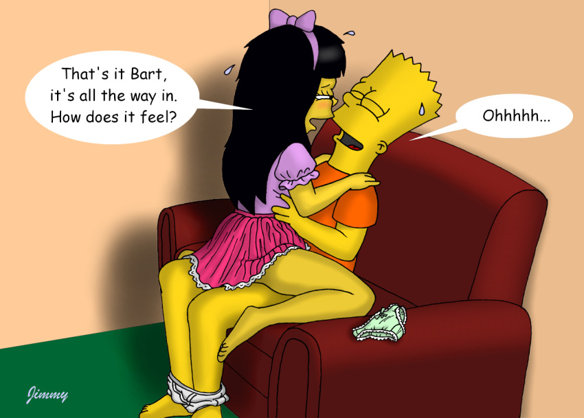 bart_simpson black_hair clothed_sex couple cowgirl_position female female_on_top girl_on_top hairbow human jessica_lovejoy jimmy male no_panties panties panties_down romantic sex skirt straddle straight the_simpsons vaginal_penetration