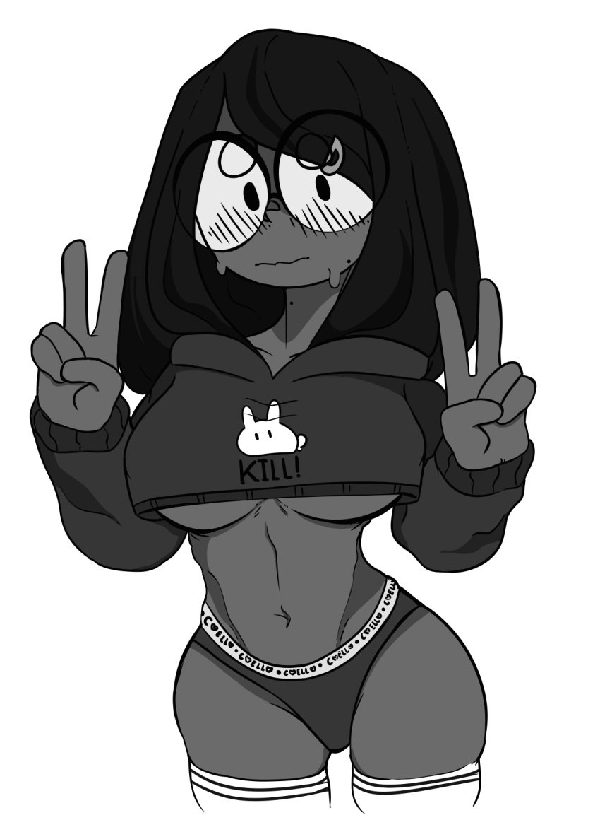 1girl 2022 belly_button black_and_white black_hair blush breasts clothed clothed_female clothing cropped_hoodie double_peace_sign double_v female female_only glasses long_hair long_sleeves looking_at_viewer medium_breasts midriff mole monochrome no_pants panties penismaster48 plain_background round_glasses sleeves solid_color_background solo standing stomach sweat text_on_clothing thick_thighs thighhighs thighs underboob white_background