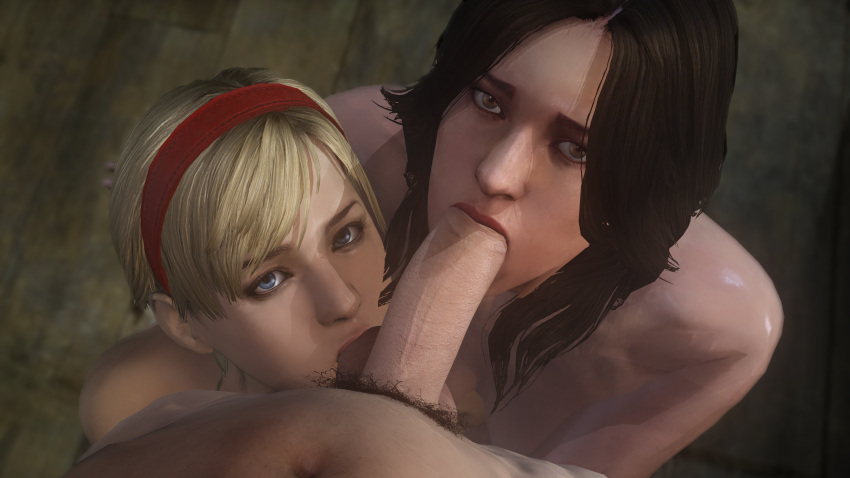 1boy 2girls 3d blonde_hair blowjob blue_eyes brown_eyes brown_hair creasesfm fellatio female headband helena_harper leon_scott_kennedy looking_at_viewer male oral partial_male penis pov resident_evil resident_evil_6 sherry_birkin source_filmmaker straight