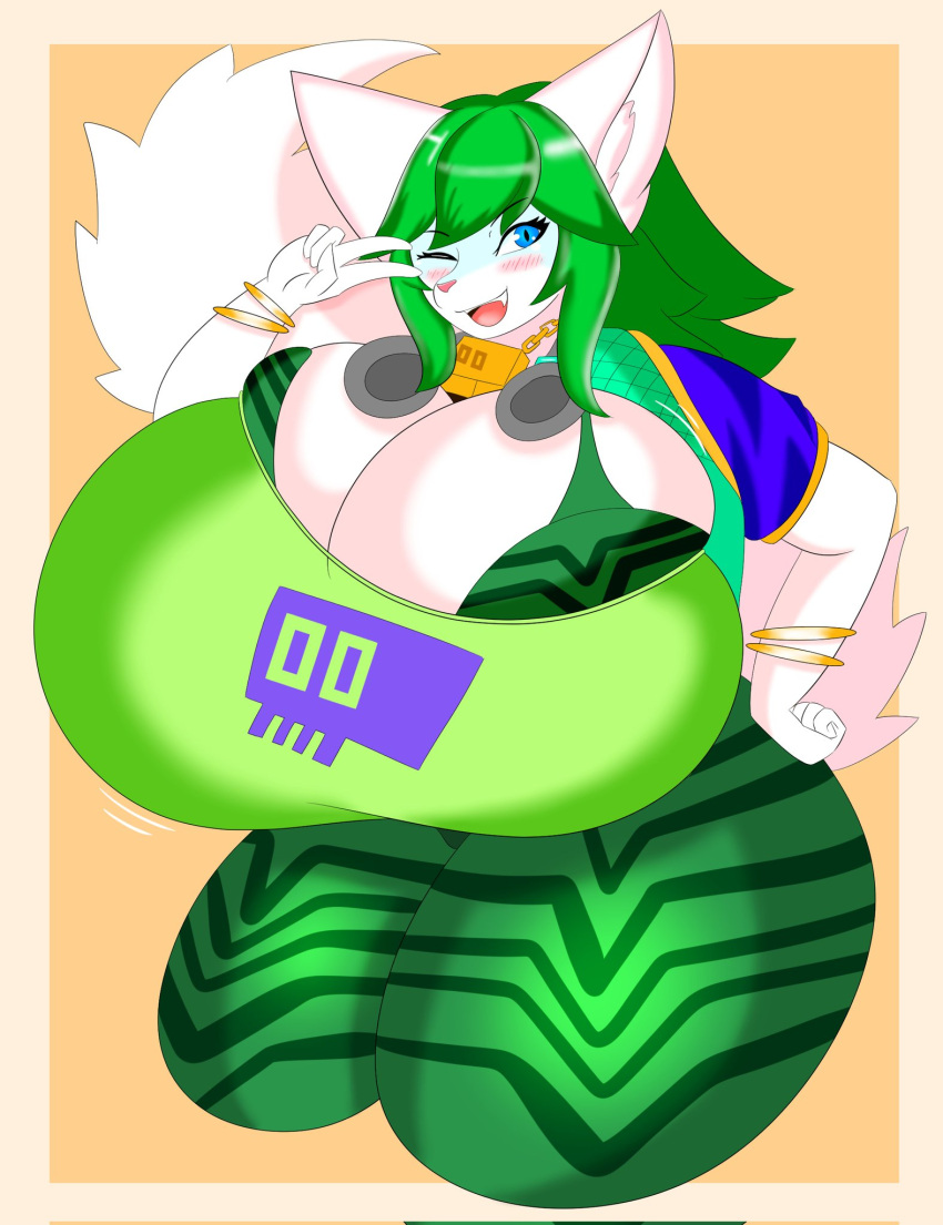 2d big_breasts female fox furry green_hair paladins salt_(paladins) white_fur